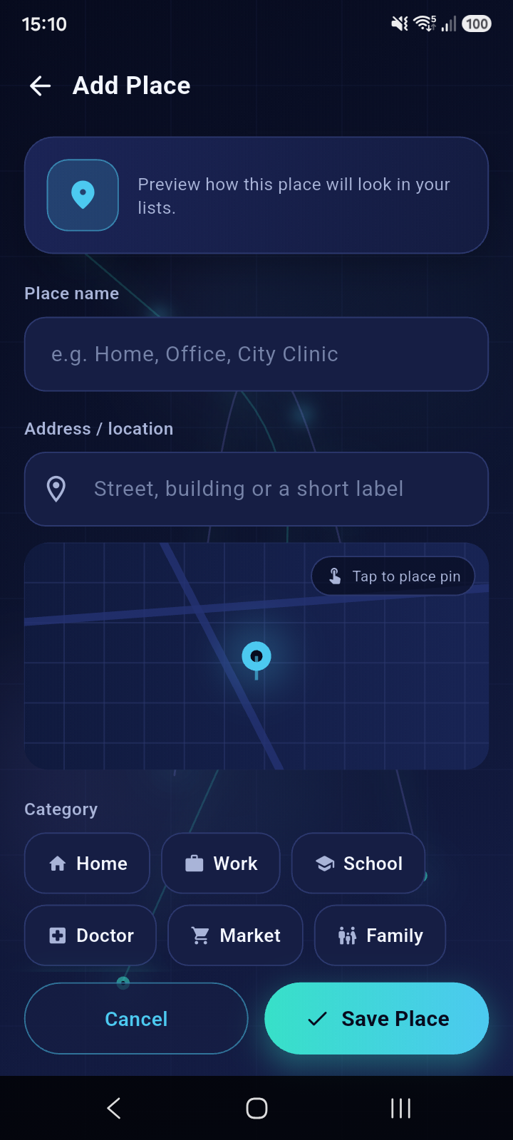 Map Reminder saved place form